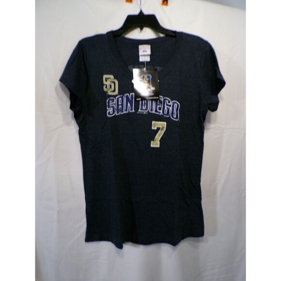 Majestic Tops - Majestic Women's San Diego Padres V-Neck Jersey T-Shirt XL Navy #7
